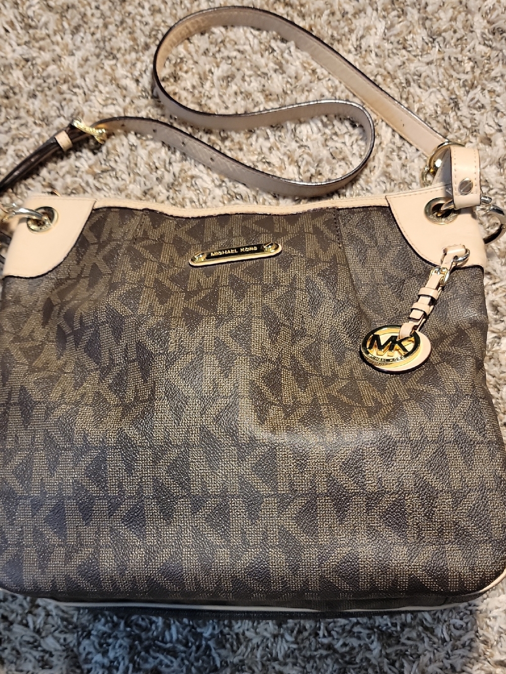 Michael Kors Brown Monogram Shoulder Bag with Tan Trim